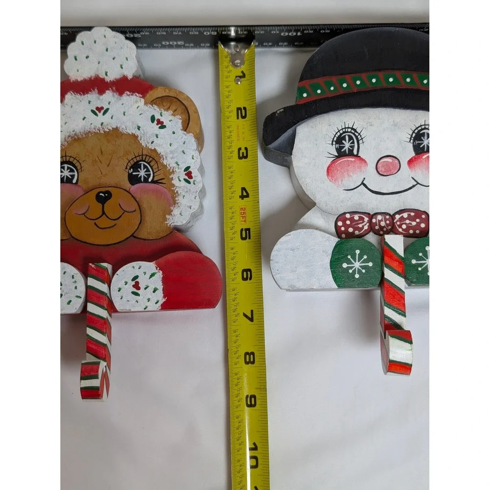 Vintage 2pc Hand Painted Wood Christmas Stocking Hangers Bear Snowman